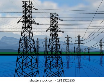 illustration with electric towers on blue background