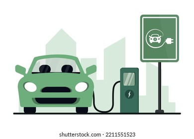 Illustration of electric vehicle charging station with a car on city view background. Charging electric car battery at electric recharge station. Сoncept illustration for green environment, ecology