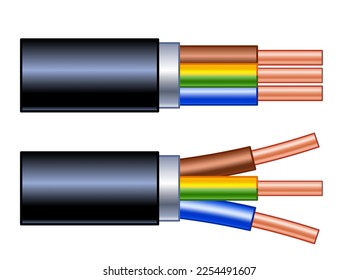 Illustration of an electrical cable with stripped wires
