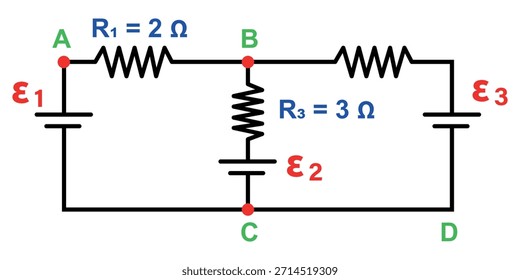 Una ilustración de un circuito eléctrico con tres fuentes de voltaje, resistencias y una pila de resistor-capacitor de Vertical entre los nodos B y C. Útil para estudiar el comportamiento de series, paralelos y circuitos en electrónica.