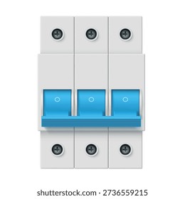 An illustration of an electrical fuse, in the form of three switches arranged vertically, with a blue lever and a grey body, designed to protect a circuit.