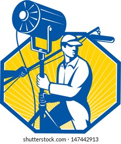 Illustration of a electrical lighting technician crew with fresnel spotlight and sound boom microphone set inside hexagon done in retro style.