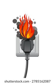 An illustration of an electrical plug and socket catching fire with dark smoke, perfect for safety campaigns.