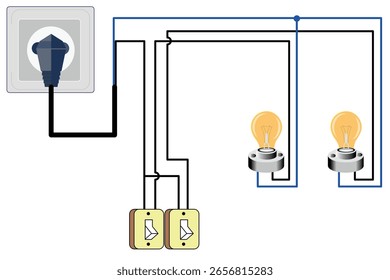Ilustração de um esquema de fiação elétrica com duas lâmpadas conectadas a interruptores duplos, com fiação associada para distribuição de energia eficiente e controle.