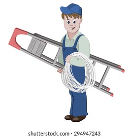 Illustration Of Electrician Or Cable Guy Standing With A Ladder And A Cable