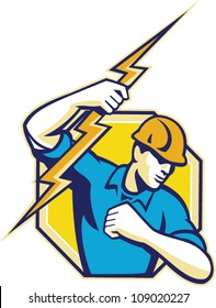 Illustration of an electrician construction worker holding a lightning bolt set inside hexagon done in retro style in isolated white background.