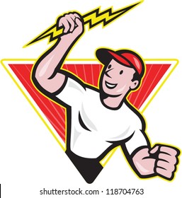 Illustration of an electrician construction worker holding a lightning bolt set inside triangle done in cartoon style in isolated white background.