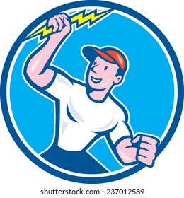 Illustration of an electrician construction worker standing holding a lightning bolt looking to the side set inside circle done in cartoon style on isolated background.