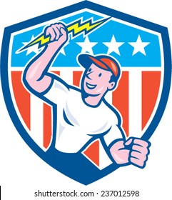 Illustration eines Elektrikers Bauarbeiter stehen mit einem Blitz Blitz Blick auf die Seite gesetzt Innenkreis mit Sternen und Streifen im Hintergrund im Cartoon-Stil gemacht.