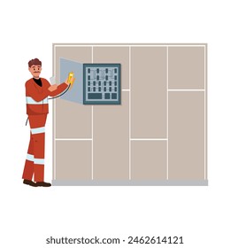 Illustration of a electrician with moustache in uniform installing wiring 

