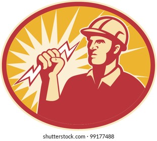 Illustration of an electrician power lineman lineworker holding lightning bolt done in retro style set inside ellipse.