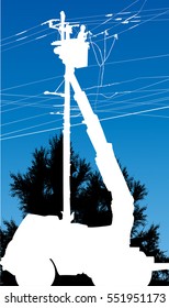 illustration with electrician and power pylon isolated on blue background