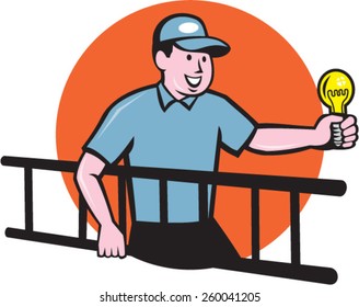 Illustration of an electrician worker carrying ladder on one hand and holding a light bulb in the other hand facing side set inside circle on isolated background done in cartoon style.