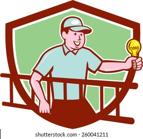 Illustration of an electrician worker carrying ladder on one hand and holding a light bulb in the other hand facing side set inside shield crest on isolated background done in cartoon style.