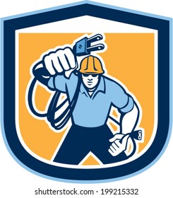 Illustration of a electrician worker with electric plug cord facing front set inside shield crest on isolated background done in retro style.