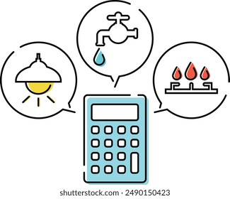 Illustration of electricity, water, gas and calculator , calculation image of utility bills