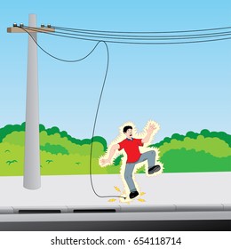 Illustration of electrocuted man with exposed electric wire. Ideal for catalogs, safety and educational information