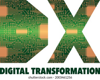 The illustration of the electronic board is cut out in the shape of DX. Place the letters "DIGITAL TRANSFORMATION" below it. Created with vector data.