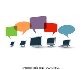 Illustration of electronic devices with colorful speech multiply bubbles with discount percentage.