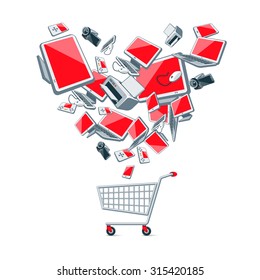 Illustration Of Electronic Devices In Heart Shape Organization Above An Empty Metal Wire Push Shopping Cart.