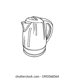 Illustration of an electronic kettle for heating water. Hand-drawn black line illustration of a kitchen kettle. For design, hardware store, coloring. Isolated on white background household appliances.