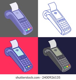 Ilustración de un sistema de pago electrónico con sistema de pago sin contacto. Aplicación de pago y terminal POS. Sin efectivo sin contacto. Ilustración vectorial gráfica plana aislada