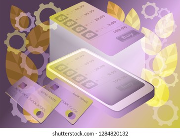 Illustration of electronic payments by credit card through a mobile application. Mobile e-commerce application. Illustration for business. Shopping through the app on mobile.