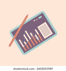 illustration of  an electronic tablet with its stylus pen. A chart in its screen, an illustration that is suitable for your business graphic design niches.