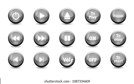 illustration electronic and technology concept,simple black icon button set,for control panel isolated on white background for push to start and other,beautiful 3D dimension button for dashboard