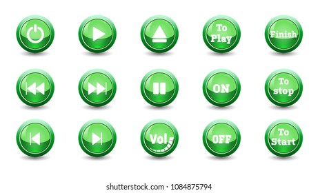 illustration electronic and technology concept,simple green icon button set,control panel isolated on white background for finger push to start and other,beautiful 3D dimension button for dashboard