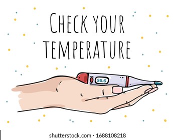 Illustration eines elektronischen Thermometers auf der Handfläche. Text misst deine Temperatur. Farbbild auf weißem Hintergrund.