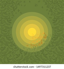 Illustration of elegant background of leaves in the center of color gradation, ornament of leaves in green colors, natural plant pattern for banner design, label or print on fabric