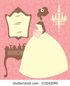 An illustration of an elegant bride in her dressing room