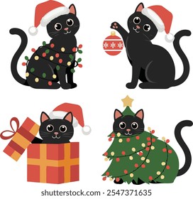 illustration elegant cartoon black cats dressed for the holidays