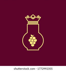 Illustration elegant design of wine on a dark claret background. Vector icon for restaurant menu. Golden bottle of wine with crown cap. Wine king.