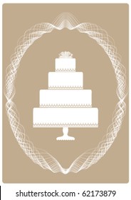 Illustration of an Elegant Four Layer Cake Invitation or Announcement on a Pearl Grey colored background with scroll design framing.