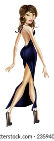 Illustration of an elegant glamorous beautiful celebrity woman in a long black dress