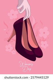 illustration of elegant high heel shoes on pink background with flowers for women's day poster