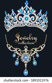 Illustration elegant necklace and diadem with precious stones and the inscription jewelry collection