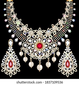 Illustration elegant necklace and earrings with precious stones 