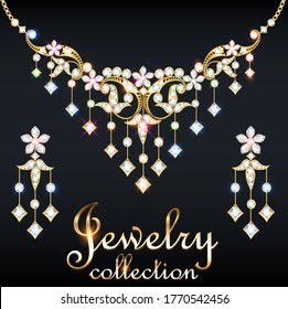 Illustration elegant necklace with precious stones and  earrings