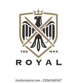 Illustration of an elegant royal eagle emblem featuring a crown, shield, and crossed swords. Perfect for logo branding and design elements with a touch of nobility.