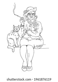 Illustration. An elegant smocking  lady with a cat.