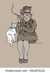 Illustration. Eine elegante Räucherin mit einer Katze.