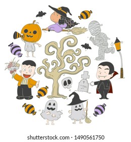 Illustration element hand drawn set characters halloween party