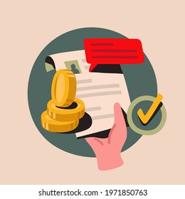 Illustration element of sheet, hand, money, bubble chat and checklist