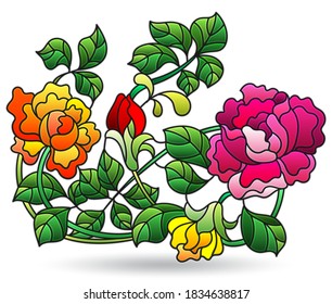 Illustration with an element in the stained glass style, a composition of rose flowers, isolated on a white background
