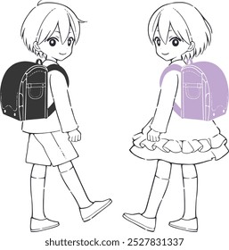 Illustration of elementary school boy and girl carrying school bags.