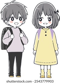 Illustration of elementary school boy and girl carrying school bags.They're very close.