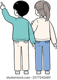 Illustration of an elementary school boy and girl consulting with each other.  Vector illustration of a simple back view.